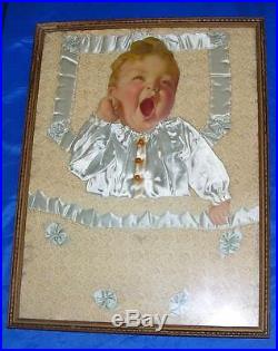 Vtg 1920's Folk Art Framed Yawning Baby Picture Real Crochet Blanket, Silk Dress