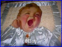 Vtg 1920's Folk Art Framed Yawning Baby Picture Real Crochet Blanket, Silk Dress