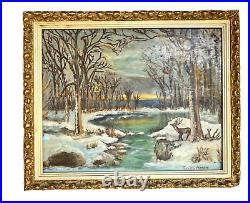 Vtg 22x18 Framed Folk Art Winter Landscape Oil Painting by Evelyn Maricle 1971