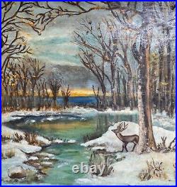 Vtg 22x18 Framed Folk Art Winter Landscape Oil Painting by Evelyn Maricle 1971