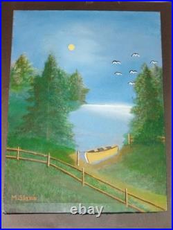 Vtg 9x12 Moonlight Folk Art Countryside Landscape Rustic Oil Painting Signed