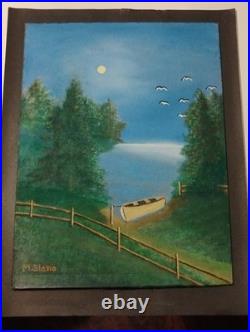 Vtg 9x12 Moonlight Folk Art Countryside Landscape Rustic Oil Painting Signed
