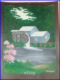 Vtg 9x12 Old Grist Mill Folk Art Countrysid Rustic Oil Painting Signed M. Slane