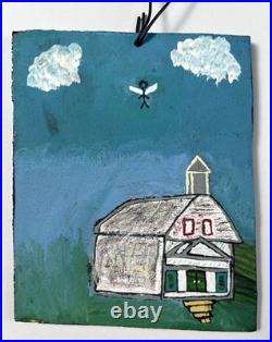 Vtg Alabama AIM Folk Art Painting Board Angel Above Church Shelley Walters 6x5
