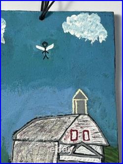Vtg Alabama AIM Folk Art Painting Board Angel Above Church Shelley Walters 6x5