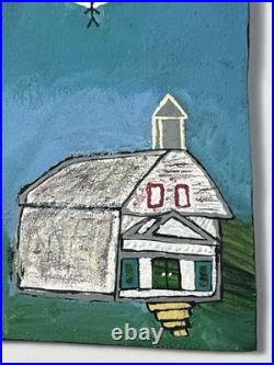 Vtg Alabama AIM Folk Art Painting Board Angel Above Church Shelley Walters 6x5