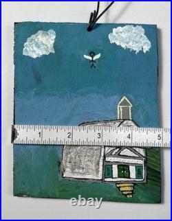 Vtg Alabama AIM Folk Art Painting Board Angel Above Church Shelley Walters 6x5