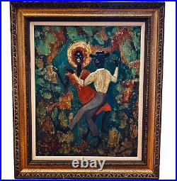 Vtg Ann Broadman Impressionist Folk Art Americana Painting on Board Carved Frame