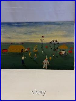 Vtg Antique Folk Art Oil Painting Signed Gibbs Circus American Flag Dog