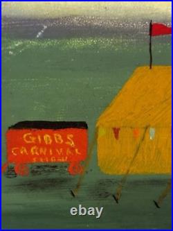 Vtg Antique Folk Art Oil Painting Signed Gibbs Circus American Flag Dog