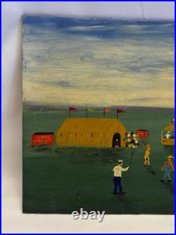 Vtg Antique Folk Art Oil Painting Signed Gibbs Circus American Flag Dog