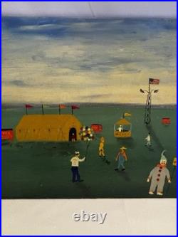 Vtg Antique Folk Art Oil Painting Signed Gibbs Circus American Flag Dog
