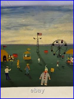 Vtg Antique Folk Art Oil Painting Signed Gibbs Circus American Flag Dog