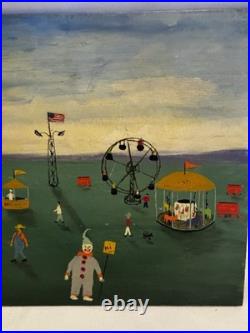 Vtg Antique Folk Art Oil Painting Signed Gibbs Circus American Flag Dog