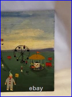 Vtg Antique Folk Art Oil Painting Signed Gibbs Circus American Flag Dog