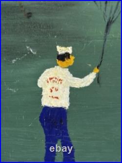 Vtg Antique Folk Art Oil Painting Signed Gibbs Circus American Flag Dog