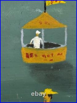 Vtg Antique Folk Art Oil Painting Signed Gibbs Circus American Flag Dog