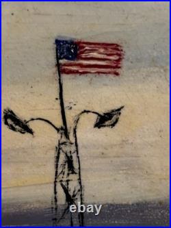 Vtg Antique Folk Art Oil Painting Signed Gibbs Circus American Flag Dog