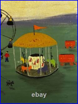 Vtg Antique Folk Art Oil Painting Signed Gibbs Circus American Flag Dog