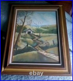 Vtg Barn Folk Art Rural Country Landscape Unsigned Original Acrylic On Canvas