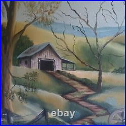 Vtg Barn Folk Art Rural Country Landscape Unsigned Original Acrylic On Canvas