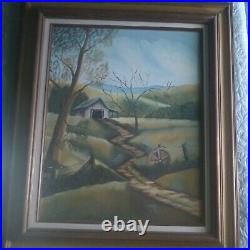 Vtg Barn Folk Art Rural Country Landscape Unsigned Original Acrylic On Canvas