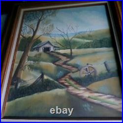 Vtg Barn Folk Art Rural Country Landscape Unsigned Original Acrylic On Canvas