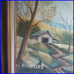 Vtg Barn Folk Art Rural Country Landscape Unsigned Original Acrylic On Canvas