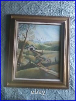 Vtg Barn Folk Art Rural Country Landscape Unsigned Original Acrylic On Canvas