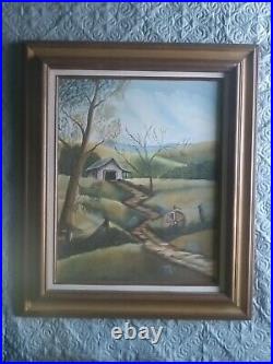 Vtg Barn Folk Art Rural Country Landscape Unsigned Original Acrylic On Canvas