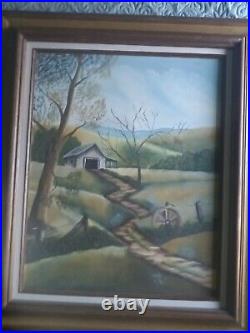 Vtg Barn Folk Art Rural Country Landscape Unsigned Original Acrylic On Canvas