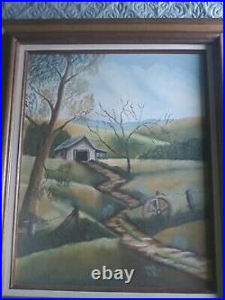 Vtg Barn Folk Art Rural Country Landscape Unsigned Original Acrylic On Canvas