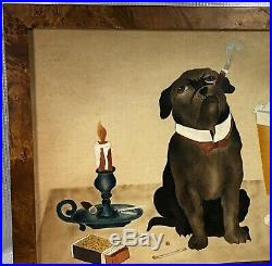 Vtg Cigar Smoking BULLDOG Painting THEOREM Folk Art BIRDS-EYE MAPLE FRAME Signed