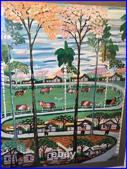 Vtg Dominican Justo Susana Landscape Painting Folk Art Town Path, Cows, Horses