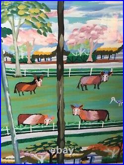 Vtg Dominican Justo Susana Landscape Painting Folk Art Town Path, Cows, Horses