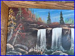 Vtg. Ernest Hertig, Blackwater Falls, WV Wood-Framed Oil on Board, Big 35x17