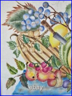 Vtg Folk Art Framed Fruit Theorem Painting Velvet Signed A. Johnson 16 x 13