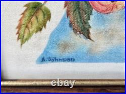 Vtg Folk Art Framed Fruit Theorem Painting Velvet Signed A. Johnson 16 x 13