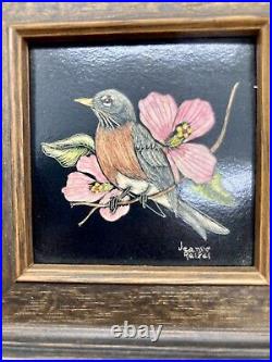 Vtg Jeanne Reifel Robin Bird Flowers Scratchboard Small Art Painting Folk Art