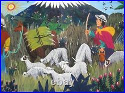 Vtg Miniature Folk Art Painting Leather Tigua Ecuador Signed Gustavo Quindigalle