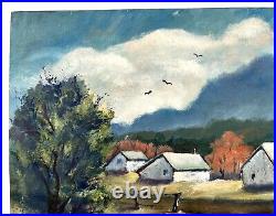 Vtg Oil On Canvas Folk Art Painting Farm Buildings 11x14 Farming Scene Post War
