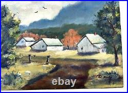 Vtg Oil On Canvas Folk Art Painting Farm Buildings 11x14 Farming Scene Post War