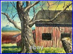 Vtg Oil On Canvas Folk Art Painting Red Barn & Oak Tree 16x20 Farming Scene Art