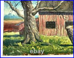 Vtg Oil On Canvas Folk Art Painting Red Barn & Oak Tree 16x20 Farming Scene Art