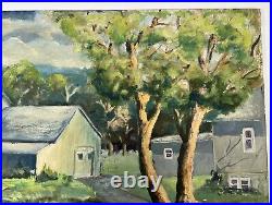 Vtg Oil On Canvas Folk Art Painting Twin Oaks 12x16 Farming Scene Post War