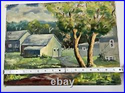 Vtg Oil On Canvas Folk Art Painting Twin Oaks 12x16 Farming Scene Post War