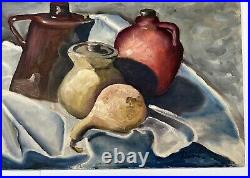 Vtg Oil On Canvas Painting Folk Art Still Life Jars & Squash 16x20 Post War Art