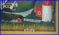 Vtg Oil Painting Old White Farmhouse Silo Barn Folk Art Wood Frame