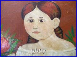 Vtg Painting on Board of Primitive Folk Art Style Girl withFlowers Signed Ginny
