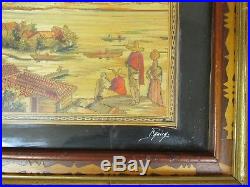 Vtg Pair 1940's Feo Ariza Mexican Straw Art Painting Folk Art Inlaid Mosaic